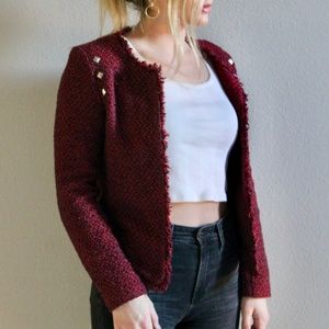 Monteau Tweed Studded Fringe Open Front Blazer